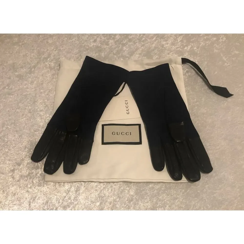 NWT Gucci Viola Blue Suede & Black Leather Marmont Logo Gloves Sz 7.5/M $630.00